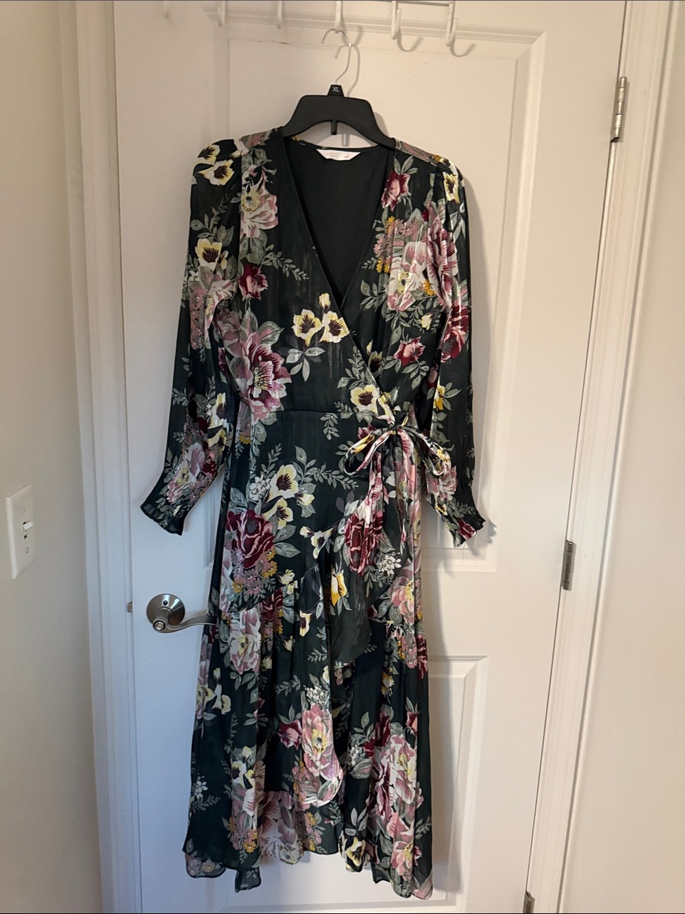 LC LAUREN Dark Green Floral Wrap Maxi Dress with Pink & Yellow Accents